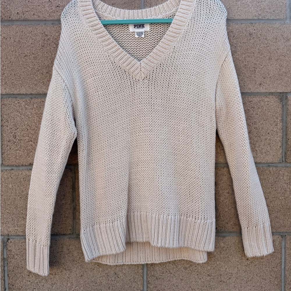 Victoria's Secret Cream V-Neck Sweater with Chunky Knit and Relaxed Fit